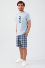 AR2576-S طقم شورت للرجال قطعتين قطن بلوز لون ازرق سماوي مع شورت كاروهات