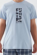 ⁦AR2576-S طقم شورت للرجال قطعتين قطن بلوز لون ازرق سماوي مع شورت كاروهات⁩ - الصورة ⁦4⁩